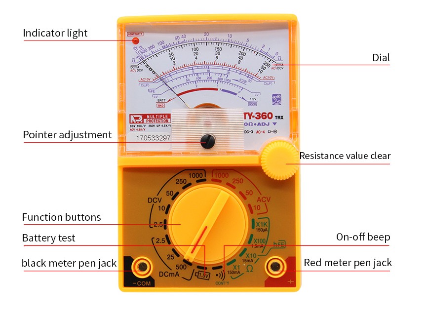 DC/AC 1000V Voltmeter 500mA Ampèremeter 1K Weerstand Meter Analoge Multimeter Tool