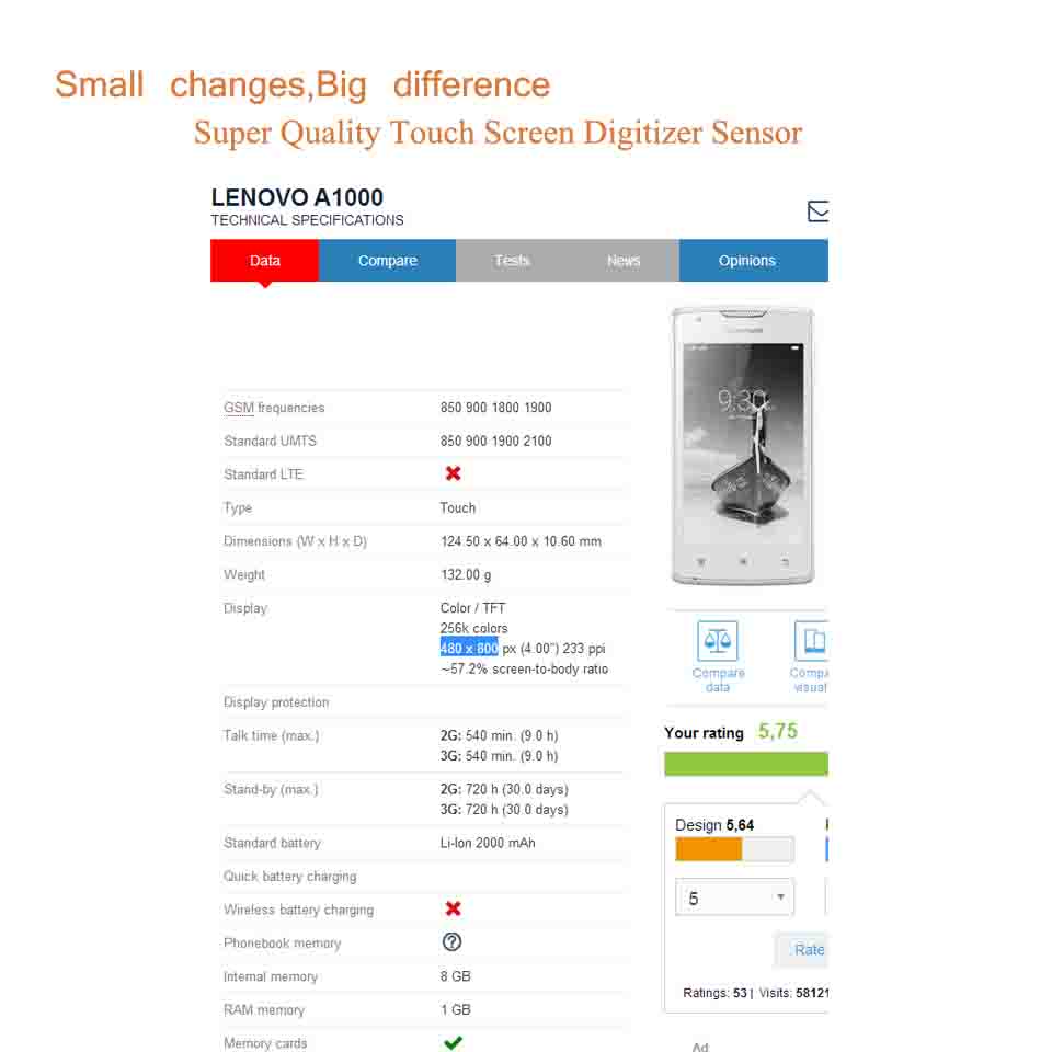 Original For Lenovo A1000 A 1000 Touch Screen Digitizer Touch Panel Sensor Front Outer Glass Lens A1000 Touchscreen NO LCD 4.0"