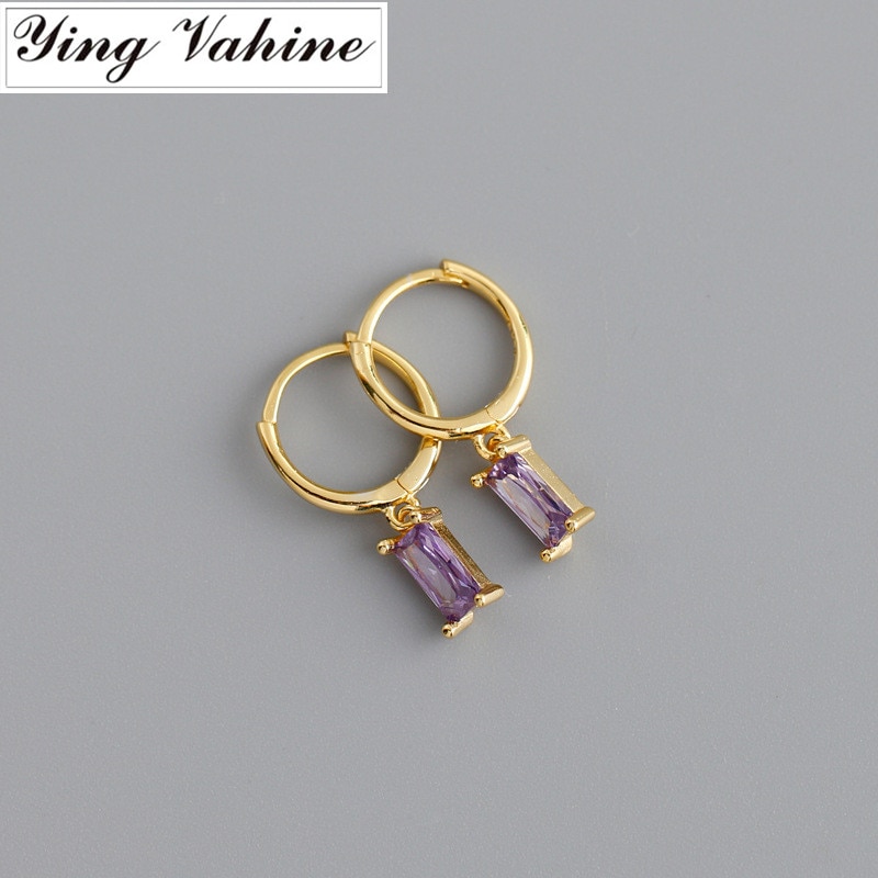 ying Vahine 100% 925 Sterling Silver Purple Blue Champagne Red Green Small Square Zircon Pendant Earrings for Women