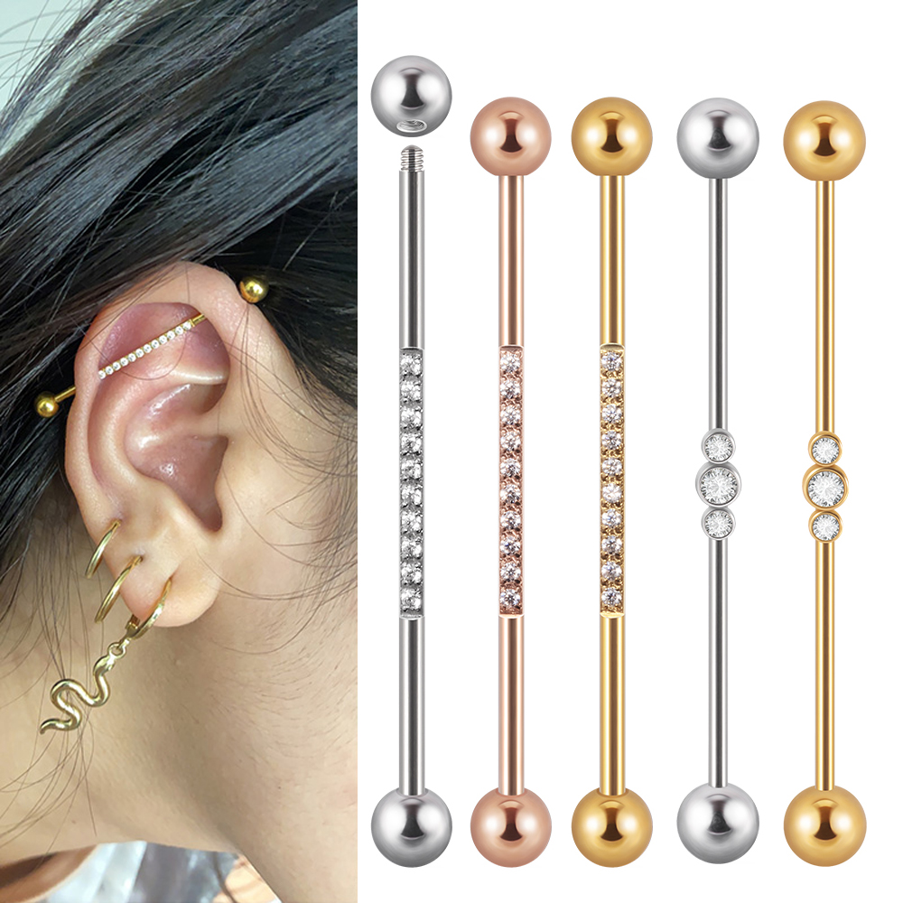 1 pieza de barra Industrial de acero inoxidable, puente largo, Micro inserción, pendiente de circón, joyería transversal para Piercing en la oreja para mujer, 16G