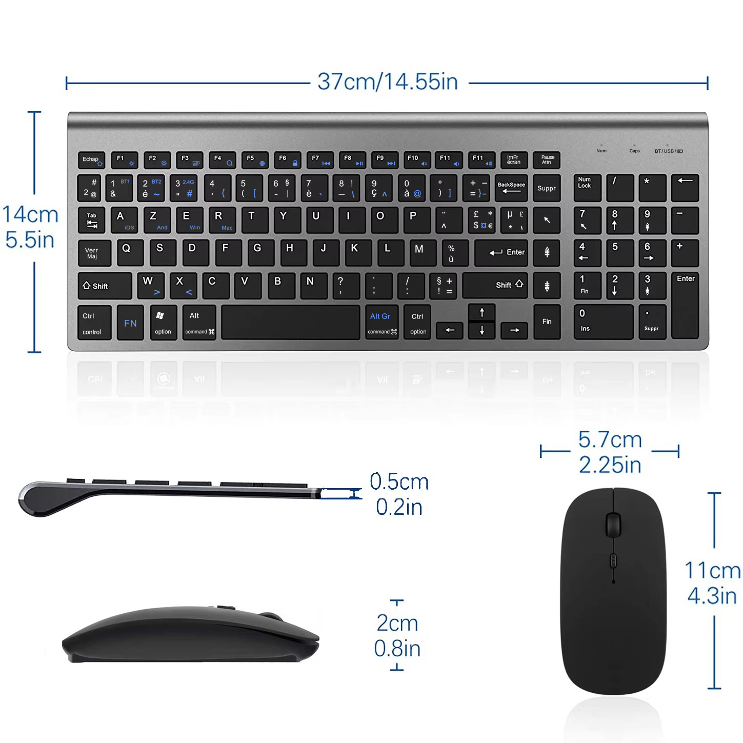 AZERTY-Layout, französische, ultraschlanke Dual-Modus-Bluetooth-Tastatur- und Maus-Kombination mit drei Kanälen für PC, Laptop, Windows, iOS, Mac und Android