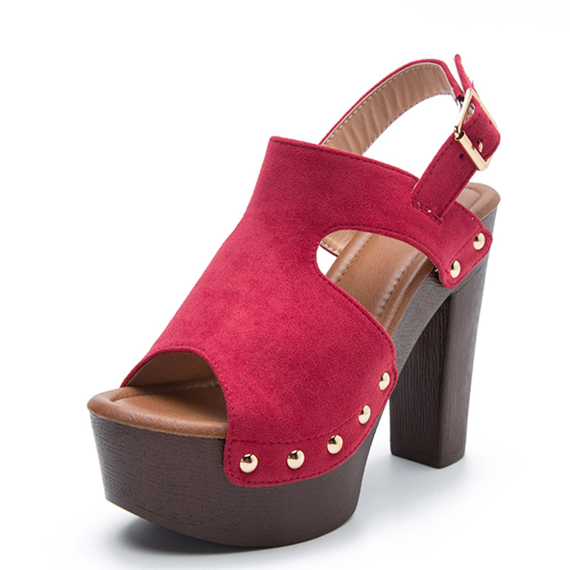 Sandalias de tacón de gamuza grueso para mujer, zapatos de tacón alto de plataforma cómodos y versátiles, estilo romano, con remaches de Color sólido, talla grande: Beige / 43