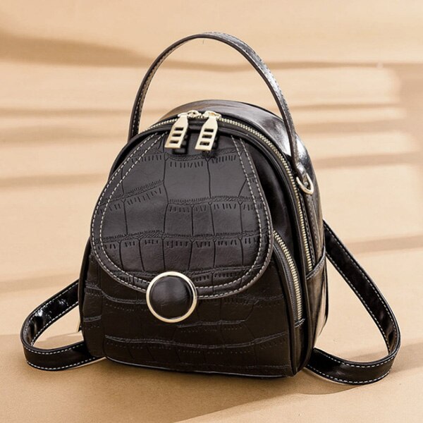 Mochila de couro pu de ombro feminina, multifunção, pequena, para escola, para adolescentes: Black