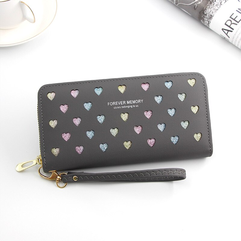 Portafoglio donna Long Love Heart Hollow Design borsa per telefono porta carte di credito in pelle ad alta capacità portafogli frizione Carteira Feminina: Gray