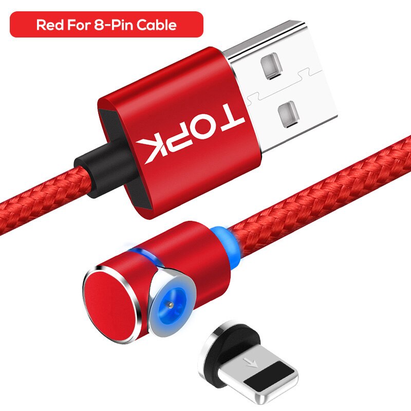 Topk AM30 Magnetische Oplaadkabel, 90 Graden Led Kabel Voor Iphone 11X8 7 6 Plus & Micro Usb Kabel & Usb Type-C Usb C Kabel: Red 8-Pin Cable / 1M
