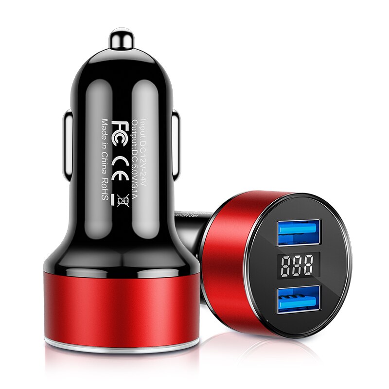 Udyr 3.1A Dual Usb Car Charger Met Led Display Mobiele Telefoon Auto-Oplader Voor Xiaomi 9 Samsung S8 Iphone 11 6 6 S 7 8 Plus Tafel: Red Car Charger