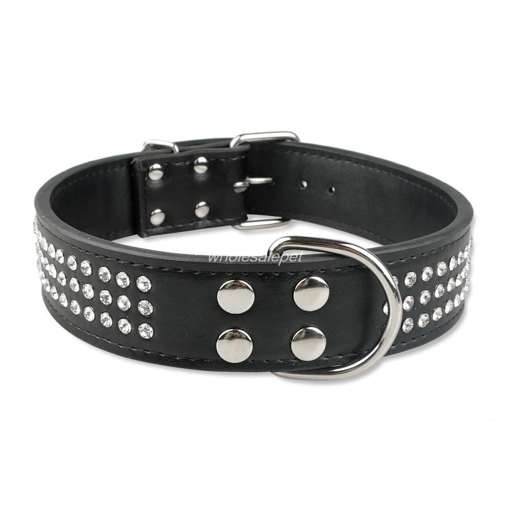 3 Rows Rhinestone Dog Collar Leather Dog Collars 1.5inch Wide For Medium Large Pet 5 Colors 2 Sizes: Black / M