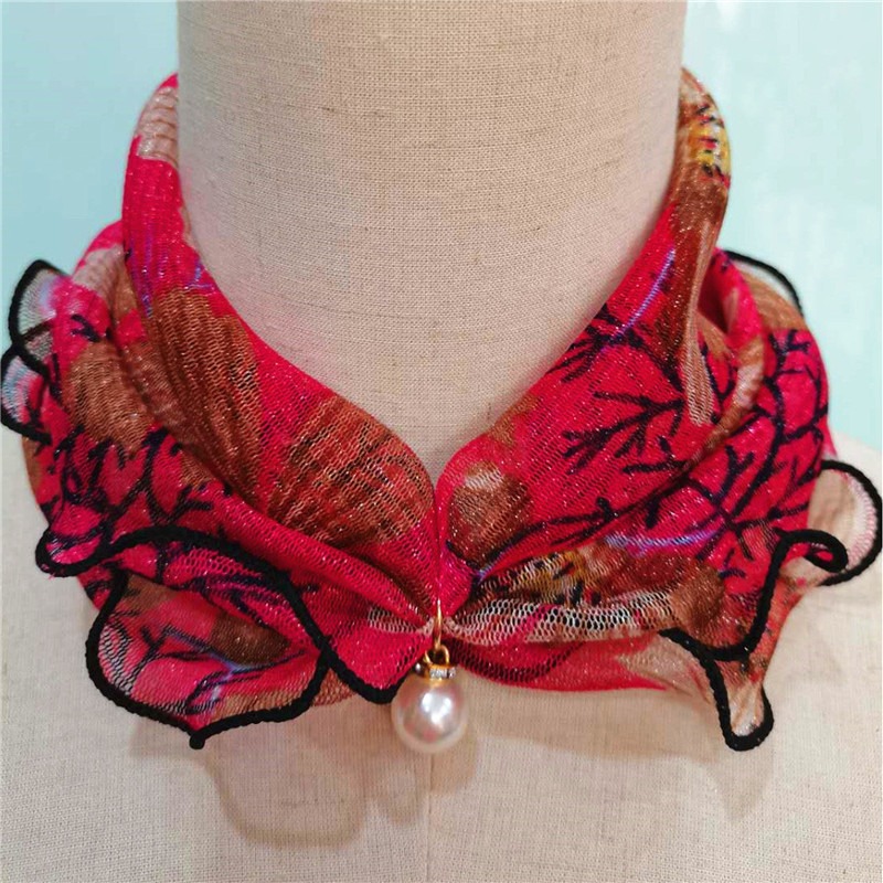 Bufanda de perlas de encaje con orejas de madera, hilo de Color dorado, variedad de cuello de dama, pañuelos de gasa para el cabello, primavera y verano, para el día de la madre: Borgoña