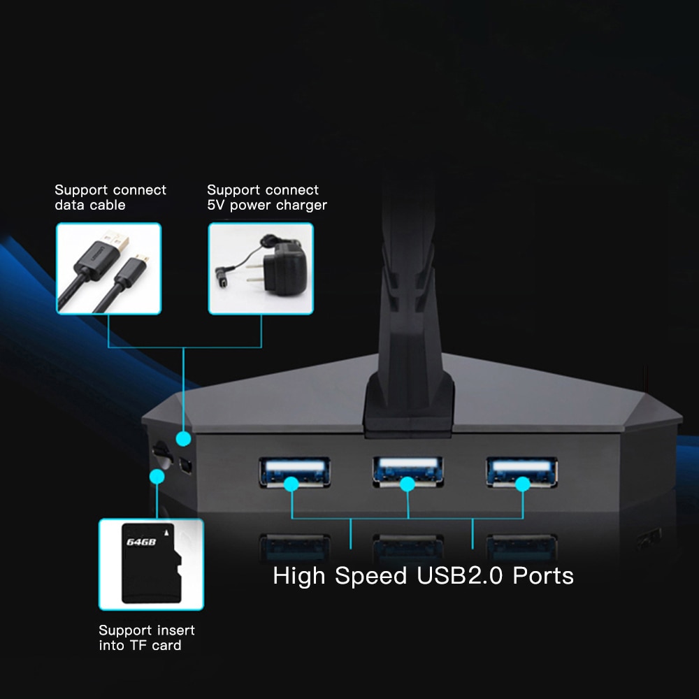 High Speed 3-Port USB2.0 Data Gaming HUB Mouse Bungee USB Hub Splitter TF Card Reader Mouse Clamp with USB-COMBO Built-in