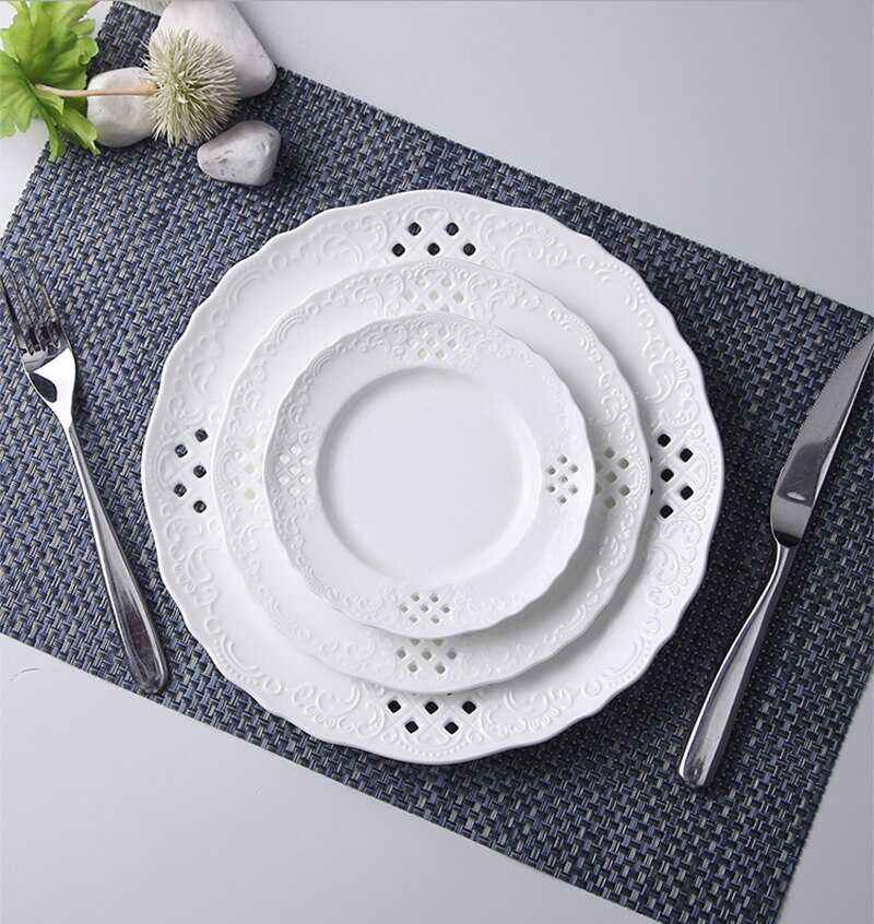 3pcs set, 6+8+10inch, plain white embossed porcelain dinner plate sets, ceramic wedding dessert plate,serving dish party