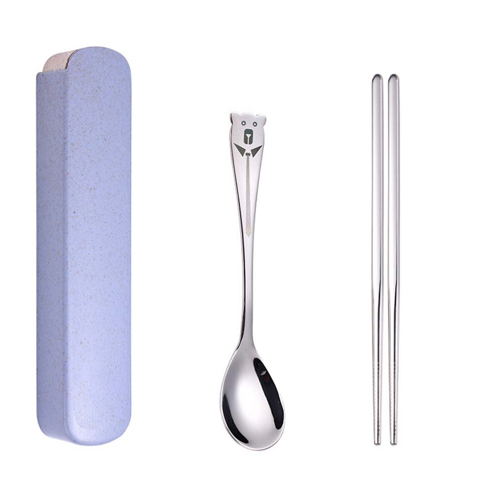 1 Set Cartoon Stainless Steel Portable Cutlery Set Children's Student Fork Spoon Chopsticks 3 Piece Set 2 Piece Set: Blue 2