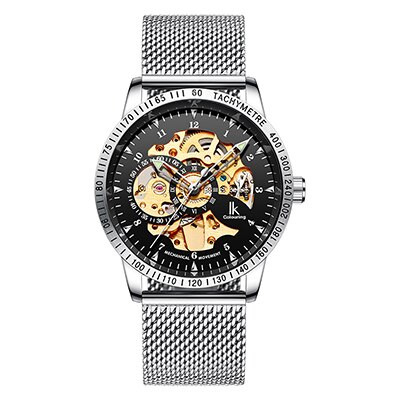 Ik färglägg herrklockor mesh flätat band i rostfritt stål automatisk mekanisk manlig klocka skelett steampunk relogio masculino: A3