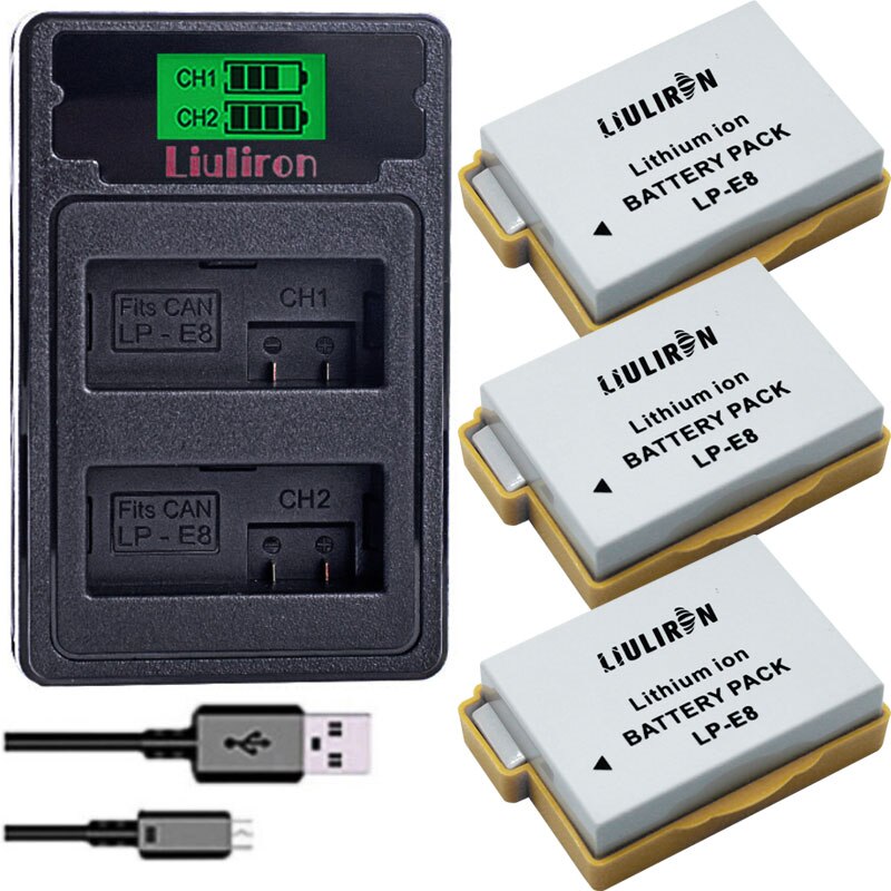 Batería LP E8 LP-E8 LPE8 de 7,4 v y 2100mah, cargador Dual para Canon EOS 550D, 600D, 650D, 700D, X4, X5, X6i, X7i, T2i, T3i: charger and 3battery