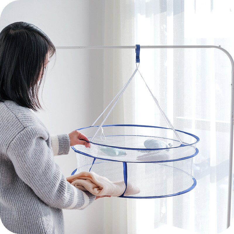 Portable Foldable Drying Rack Hook Drying Rack Hanging Clothes Laundry Basket Dryer Net Double-layer Wash Drying Clothes Basket