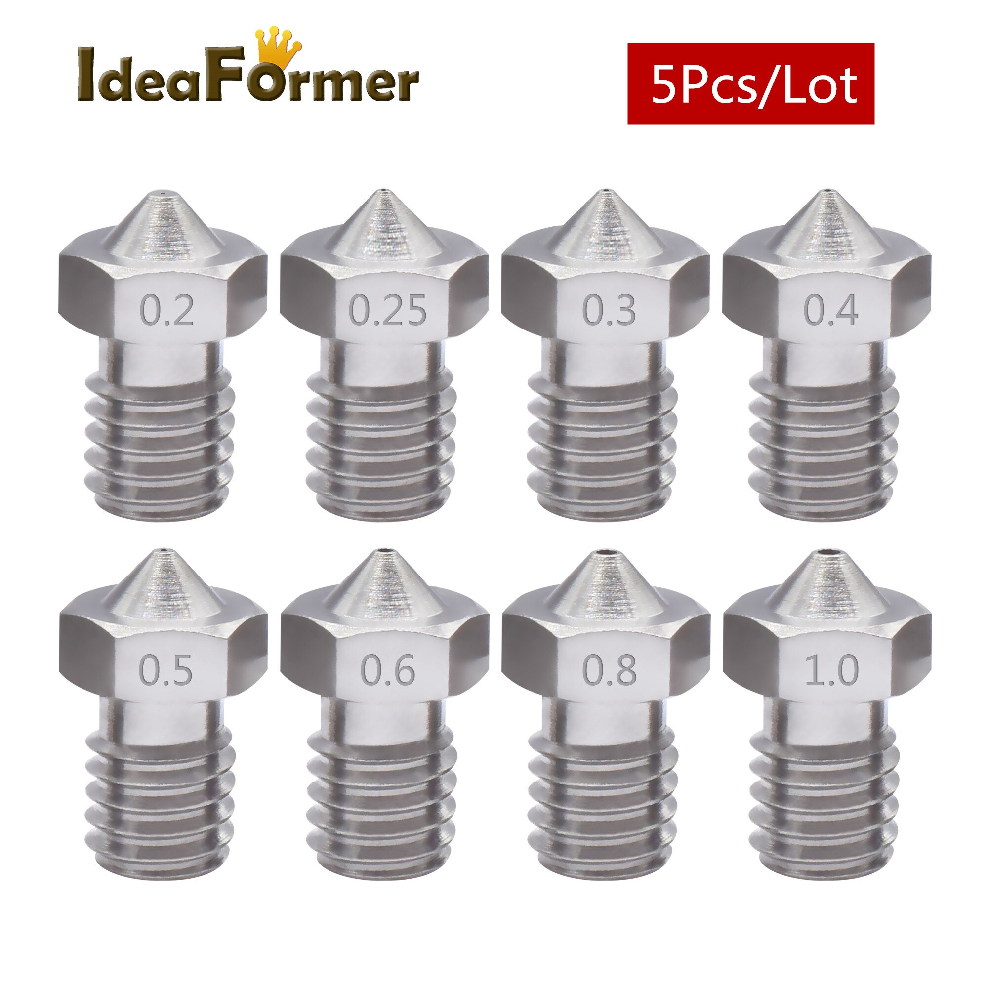 5Pcs E3D Stainless Steel V6 Nozzle M6 Thread 0.2/0.25/0.3/04/0.5/0.6/0.8/1.0mm for 3D Printer 1.75/3.0mm Filament V5 V6 End