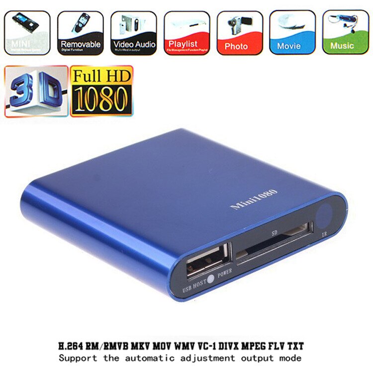1080p mini hdd mediaspeler hdmi av usb host full hd met sd mmc kaartlezer ondersteuning h .264 mkv avi 1920*1080p 100 mpbs