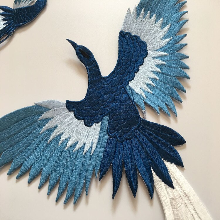 Pegatinas de tela para bordado de aves, pegatinas de parche azul de phoenix, decoración de ropa, accesorios cheongsam, planchado adhesivo artesanal