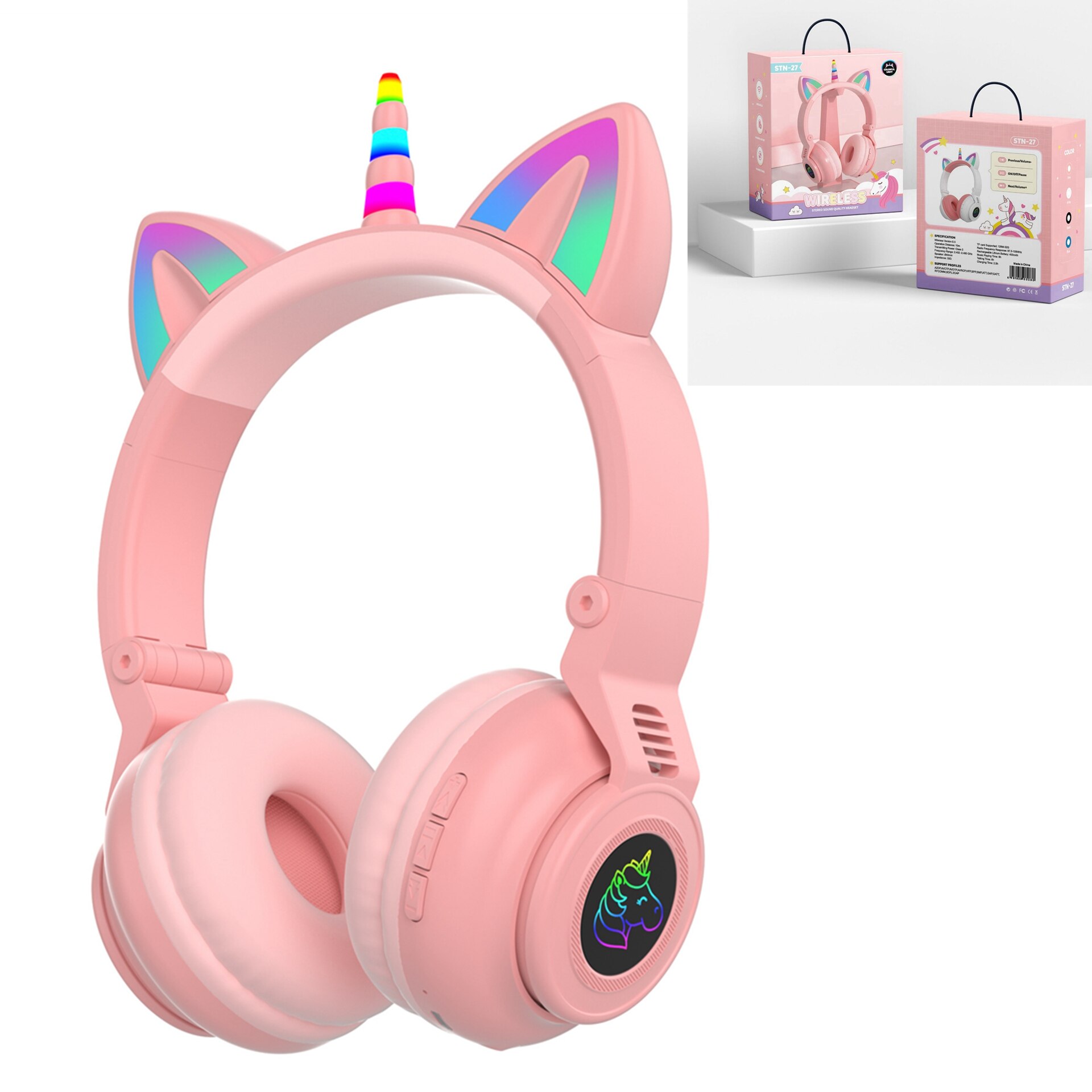 Söta enhörning trådlösa hörlurar med mikrofoner, styr rgb ljus barn tjejer musik stereo hjälm mobiltelefon headset: Rosa med låda