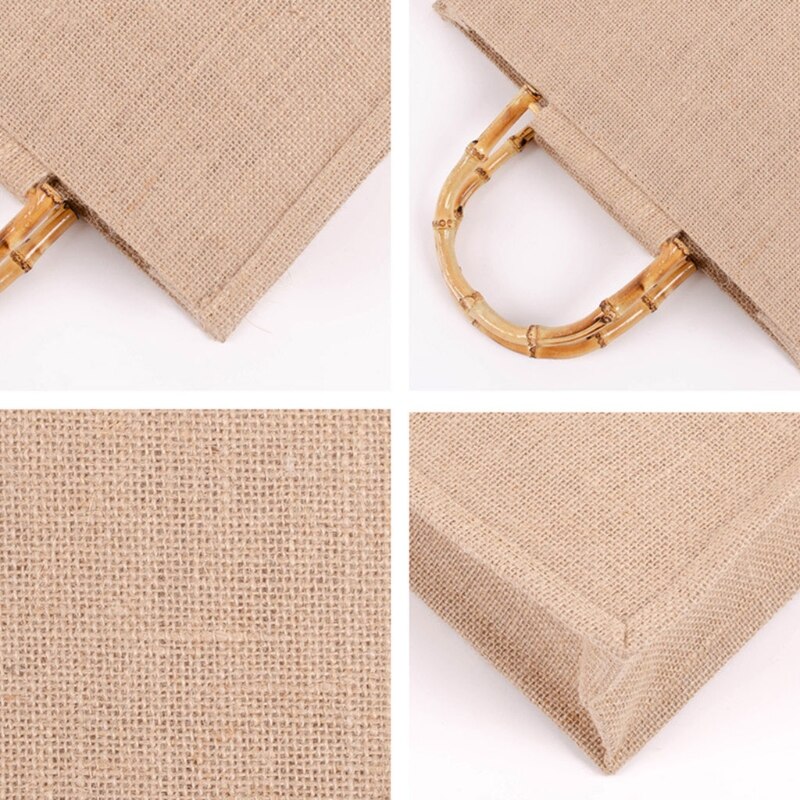 Portable Burlap Jute Shopping Bag Handbag Bamboo Loop Handles Tote L41B