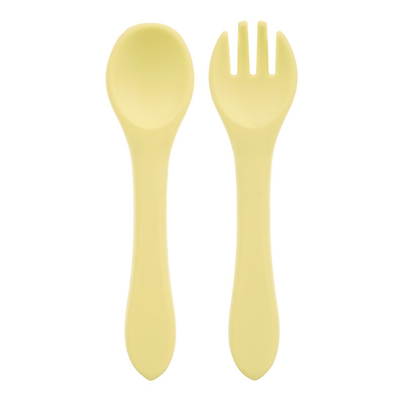 Cuchara de manija de madera silicona para alimentación de niños, utensilios para comer comida sólida, entrenamiento, capacidad de manipulación, vajilla: 018-pastel yellow