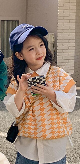 2022 Lente Unisex Mode Plaid Gebreide Vest Jongens Meisjes Losse Casual Mouwloze Truien: orange yellow / 7T