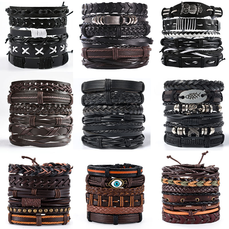 Pulsera de cuero Vintage para hombre, conjunto tejido, pulsera de adorno, estilo Punk, Combo DIY, pulsera con dijes multicapa, joyería