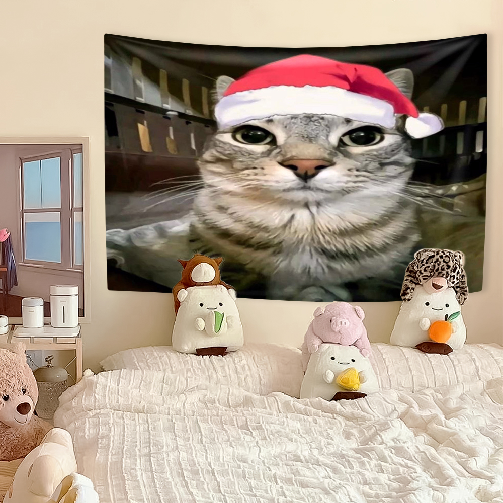 Tapiz de Meme de gato divertido, decoración del hogar de animales Kawaii, tela para colgar en la pared, dormitorio, fondo, de Festival: 140 x 205 cm / Gris púrpura