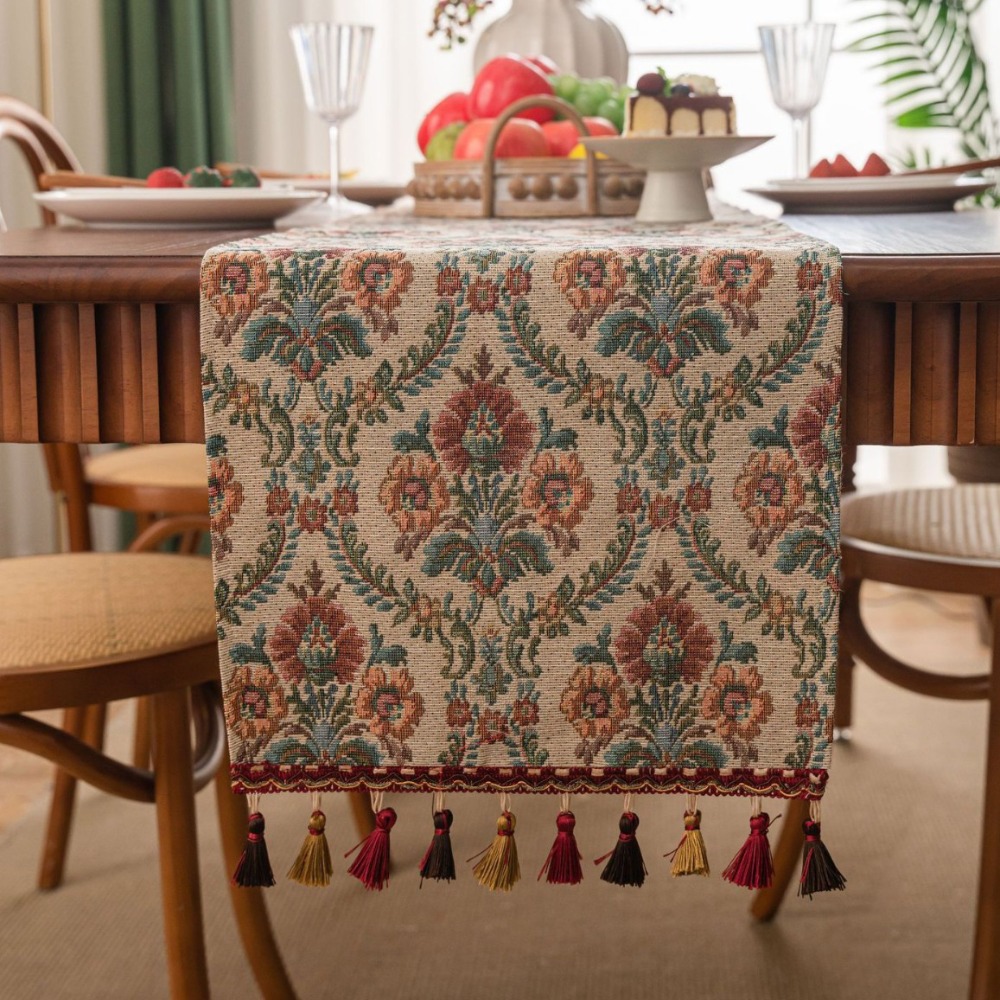 Heminredning vintage jacquard bordslöpare blommönster med tofsduk förtjockad bordsduk middagsfest: Lila