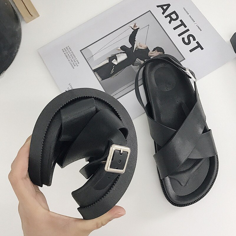 Sandales de plage antidérapantes, Chaussures en caoutchouc en Vogue pour femmes, extérieur, à forme plate, Babouche, Chaussures noires sympas, de Style collégial