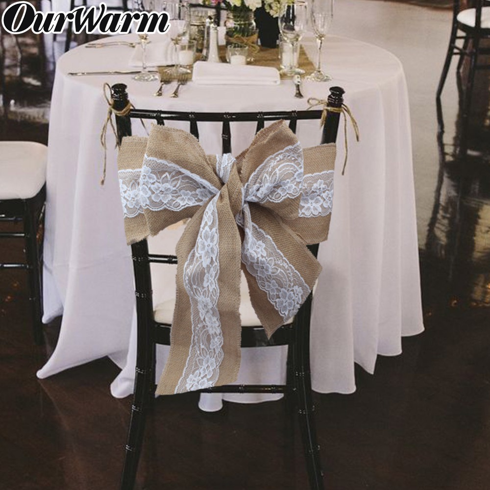 OurWarm Lace Burlap Chair Sashes Wedding Decorations Rustic Chair Cover DIY Crafts Natural Hessian Home Party Supplies