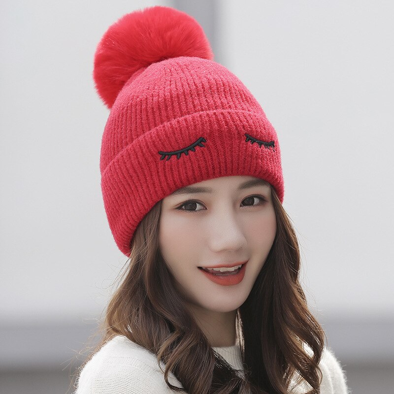 Falcon plan dames winter gebreide muts met imitatiebont pompon warme gebreide muts voor dames: Rood
