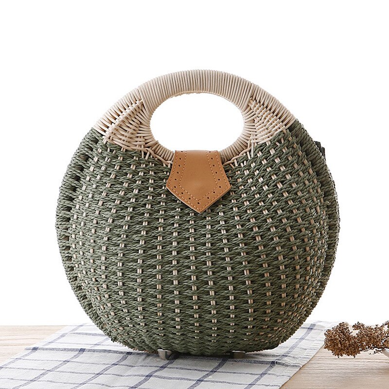 Summer Beach Bag Straw Bag Shell Shaped For Ladies Women's Handbags Handmade Bohemian Bali Rattan Handbags Women Purse: Green