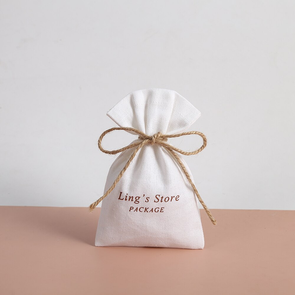 50pcs Drawstring Cotton Burlap Bucket Jewelry Bag Pouch Fit For Wedding Candy Small Pouch Eyelashes Makeup Jewelry Sachet: White With Logo / 15cmx20cm