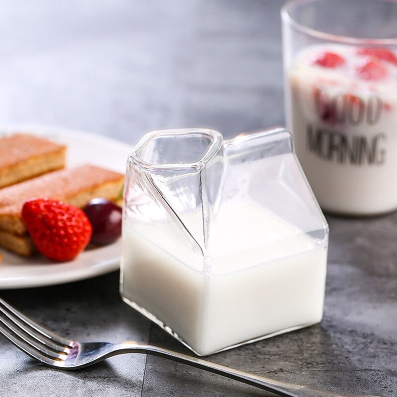250ml Milk Carton Half Milk Cup Box Mini Creamer Jug Glass Milk Mug Cream Cup Transparent Glass Cup