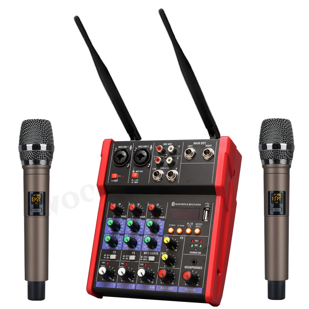 4 Channel Audio Mixer Console With Wireless Microphone Sound Mixing With Bluetooth Usb Mini Dj Mixer for Computer Recording