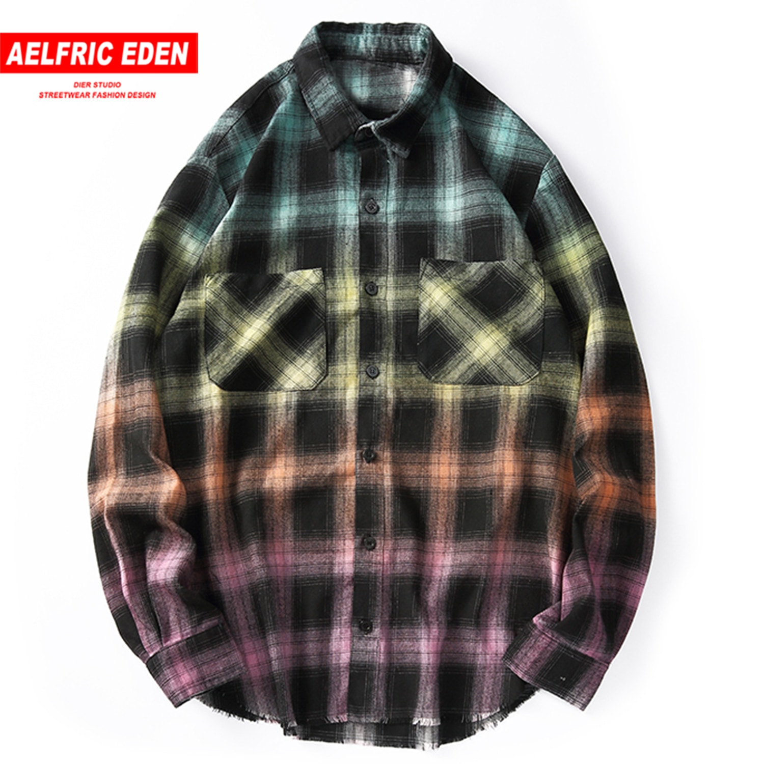 Gradient Rainbow Color Plaid Cotton Shirts Streetwear Casual Style Autumn Long Sleeve Blouses Shirts Men Women Tops