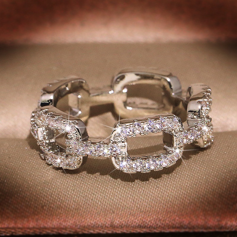 Zilveren Kleur Chain Ring Met Bling Zirkoon Stone Ringen Voor Vrouwen Wedding Engagement Sieraden