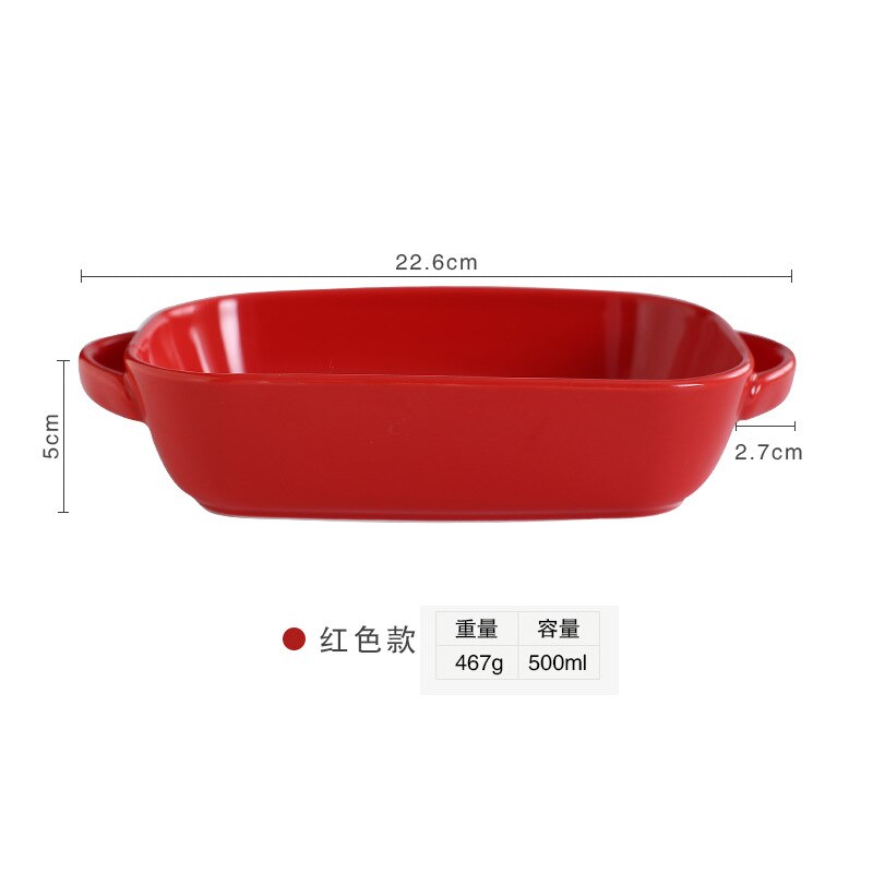 Oval Ceramic Binaural Baking Tray Home Soup Plate Red and White High Temperature Resistant Baked Rice Plate: Red