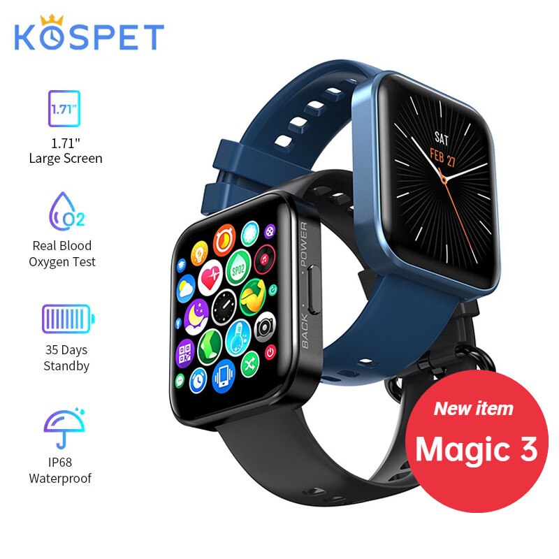 Kospet Magic 3 Smart Watch 1.71'' IP68 Waterproof Bluetooth Bracelet for Android iOS Blood Oxygen Monitor Smartwatch