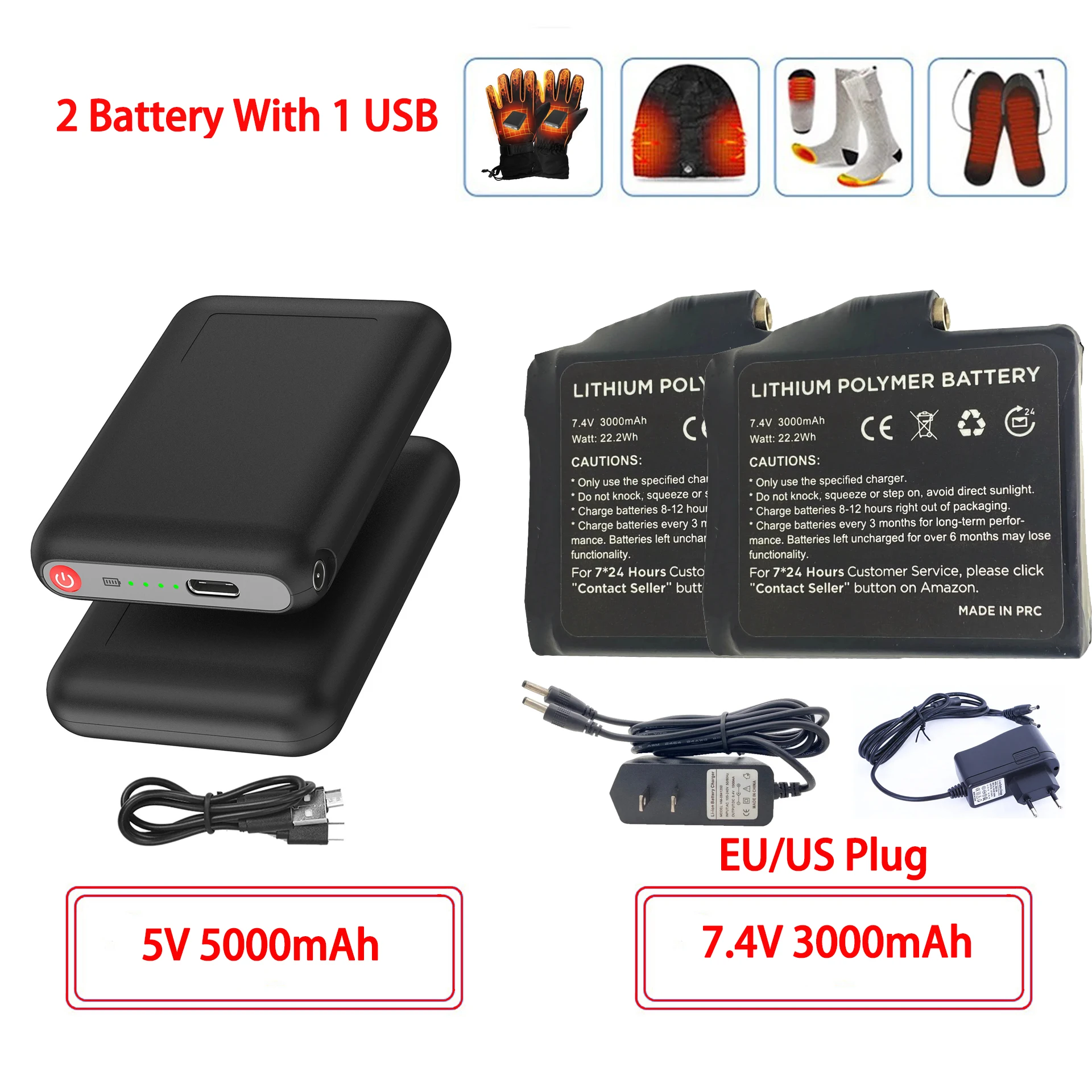 Winter Heated Socks Batteries 7.4V 3000mah 5V 5000mah Li-Polymer Battery Packs For Warm Gloves Clothes Hat Charger Power Bank