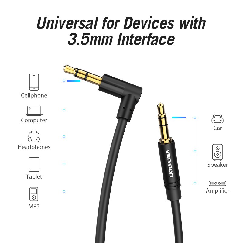 Vention Aux Cable 3.5mm to 3.5 mm Jack Audio Cable 90 Degree Angle Stereo Auxiliary Cord for Phone Car Speaker aux mp3 player