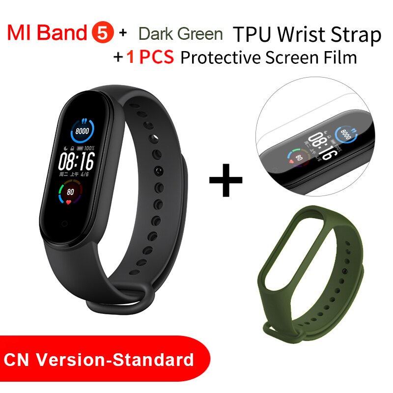 Xiaomi Mi Band 5 Smart Bracelet Sport Heart Rate Fitness Tracker 1.1" AMOLED Colorful Screen Bluetooth 5.0 Waterproof Miband5: Add Dark Green Strap