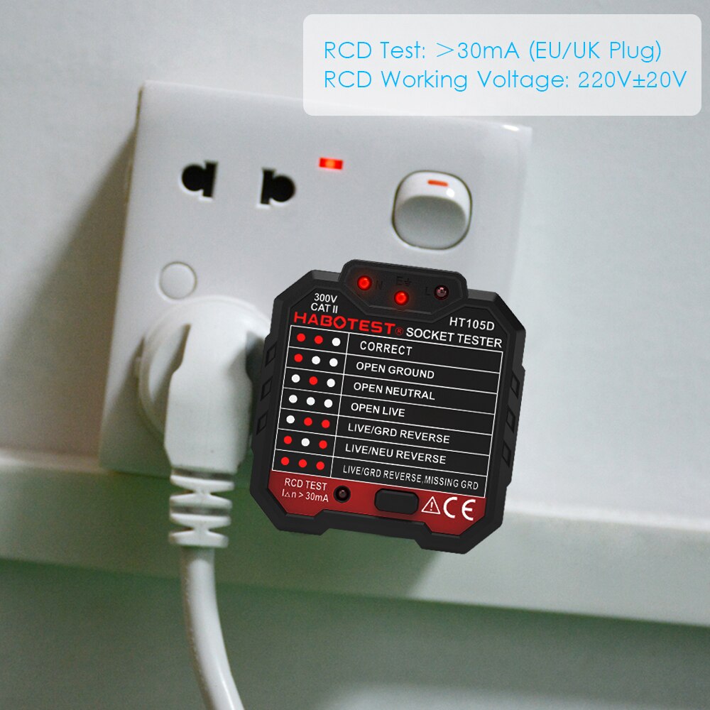 Stopcontact Tester HT105B - RCD Circuit Lijn Detector & Stekker Breker Zoeker - Elektrische Lektest