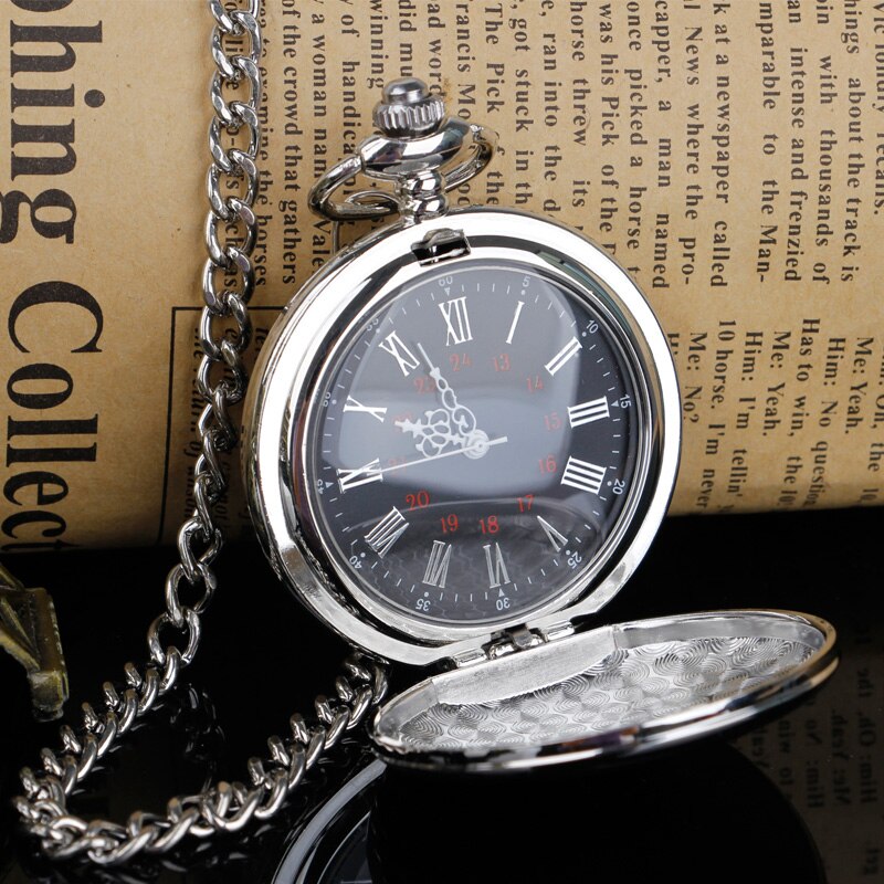 Vintage Quartz Pocket Watch Smooth Steel Roman Nmber Dial Pendant Fob Chain Watch Clock Relogio DeBolso