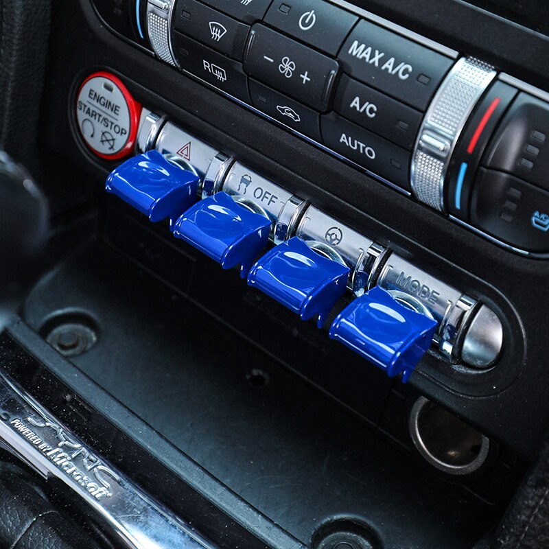 Bil sentralt kontrollpanel knapp dekorasjonsdeksel til 15-20 Ford mustang bil interiør modifikasjon: Blå -4 stk