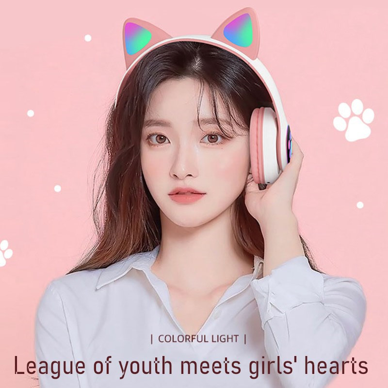 Flashing LED Cute Cat Ears Headphones Bluetooth Wireless Headset with Mic TF FM Kid Girl Stereo Music Earbud Kitten Earphon