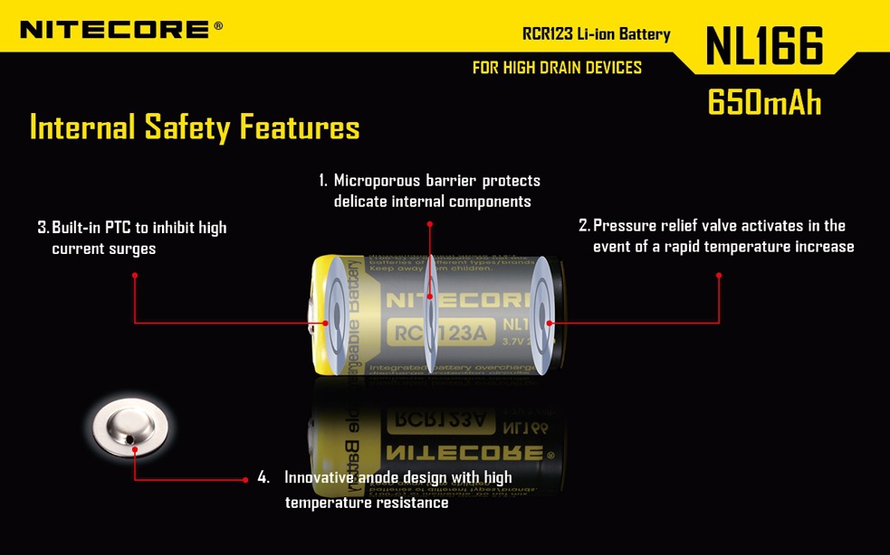 Nitecore – batterie Rechargeable au Lithium, 2 pièces/lot, NL166 16340, RCR123A, 3.7V, 650 wh, mAh,