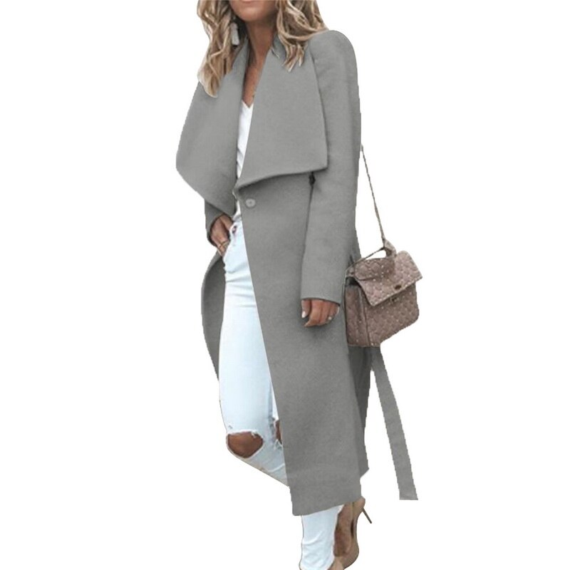 Abrigo de otoño para mujer, gabardina ajustada de Color liso, abrigo informal holgado de mezcla de lana, abrigo largo cálido de otoño e invierno de talla grande: Gray / S
