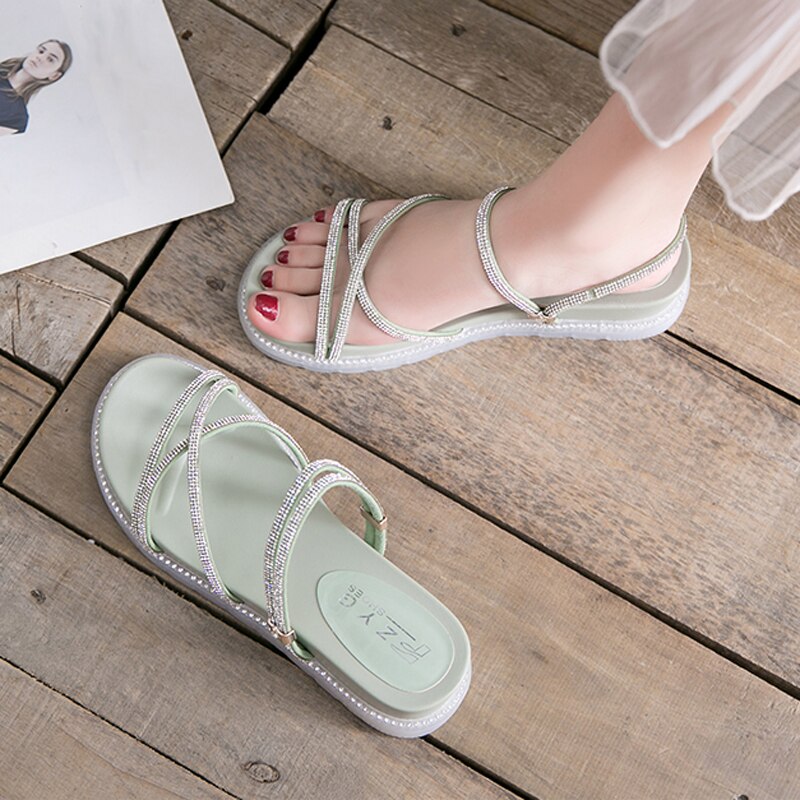 Zomer Platform Schoenen Vrouw Sandalen Platte Sandalias Gladiator Rhinestone Clear Strand Sandalen Transparante Slippers Slides: Licht Groen / 35
