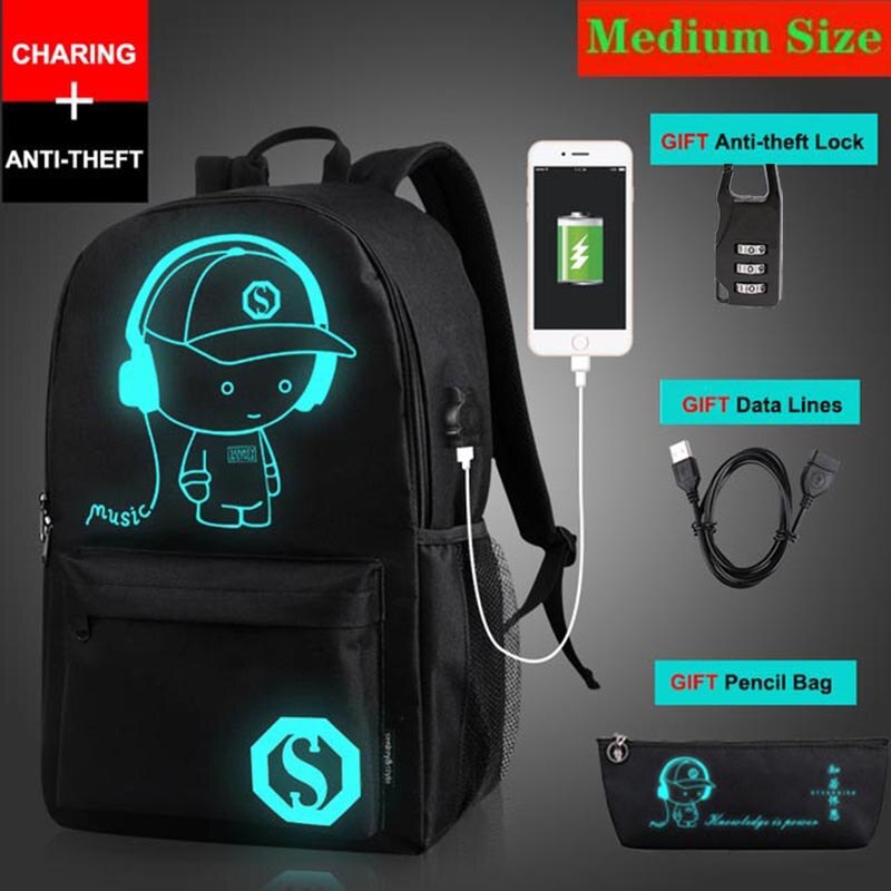 Anti-diefstal tas lichtgevende schooltassen voor jongens meisjes student school rugzak mochila met usb oplaadpoort slot schooltas: Stijl 1 middelgrote maat